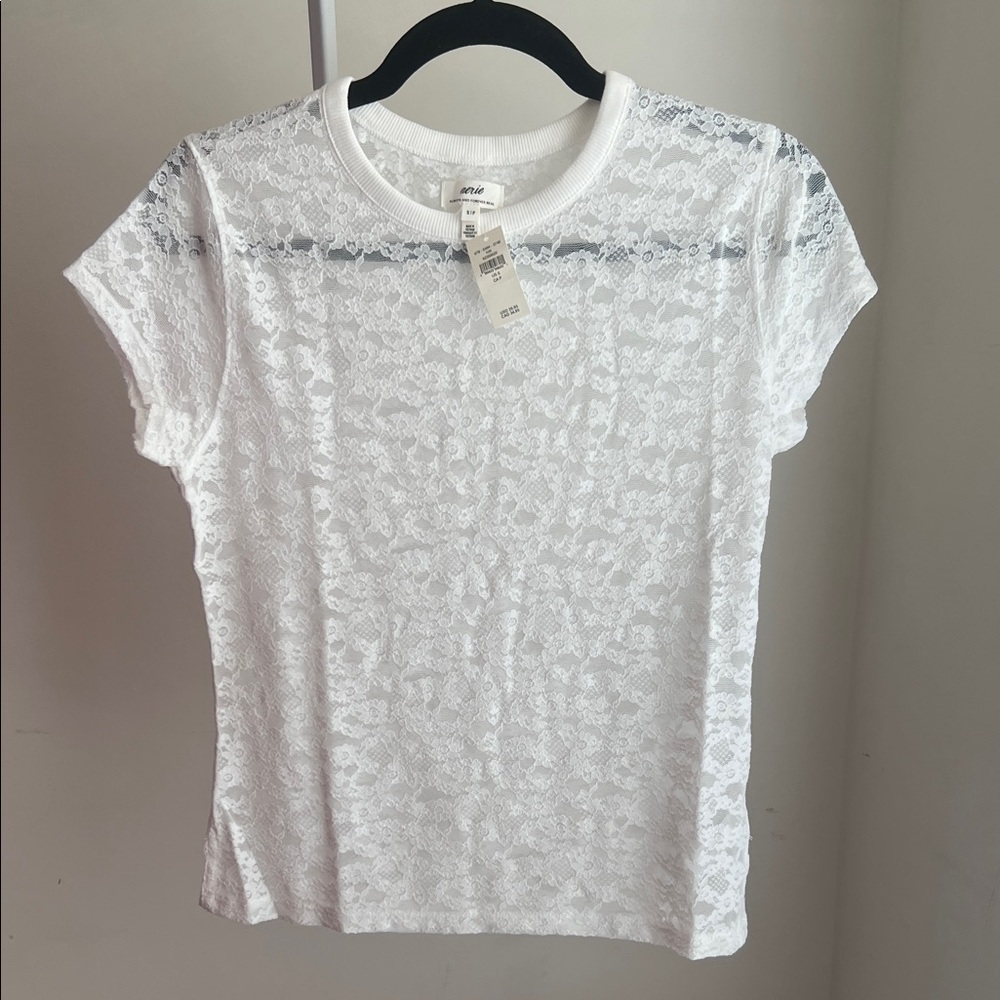 Aerie White Lace Short Sleeve Top